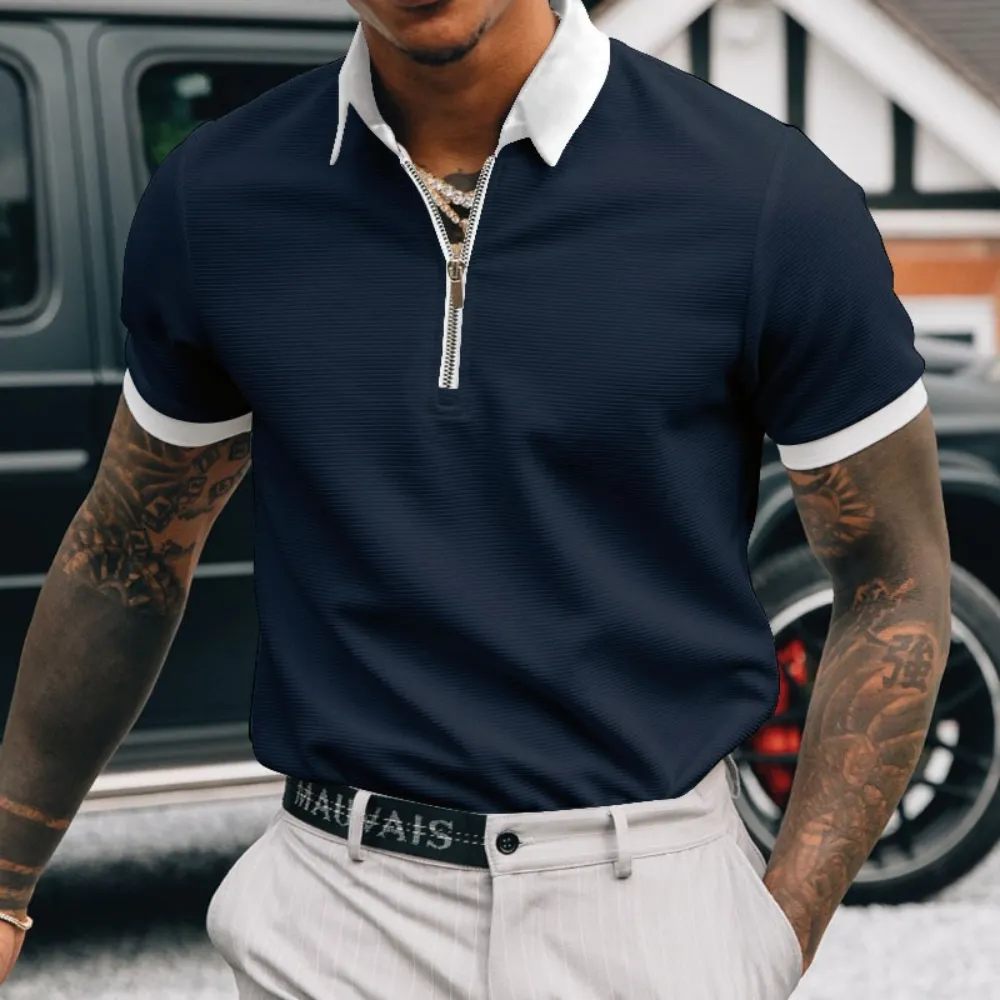 Men's Trendy Zipper Detail Loose Fit Polo Shirt