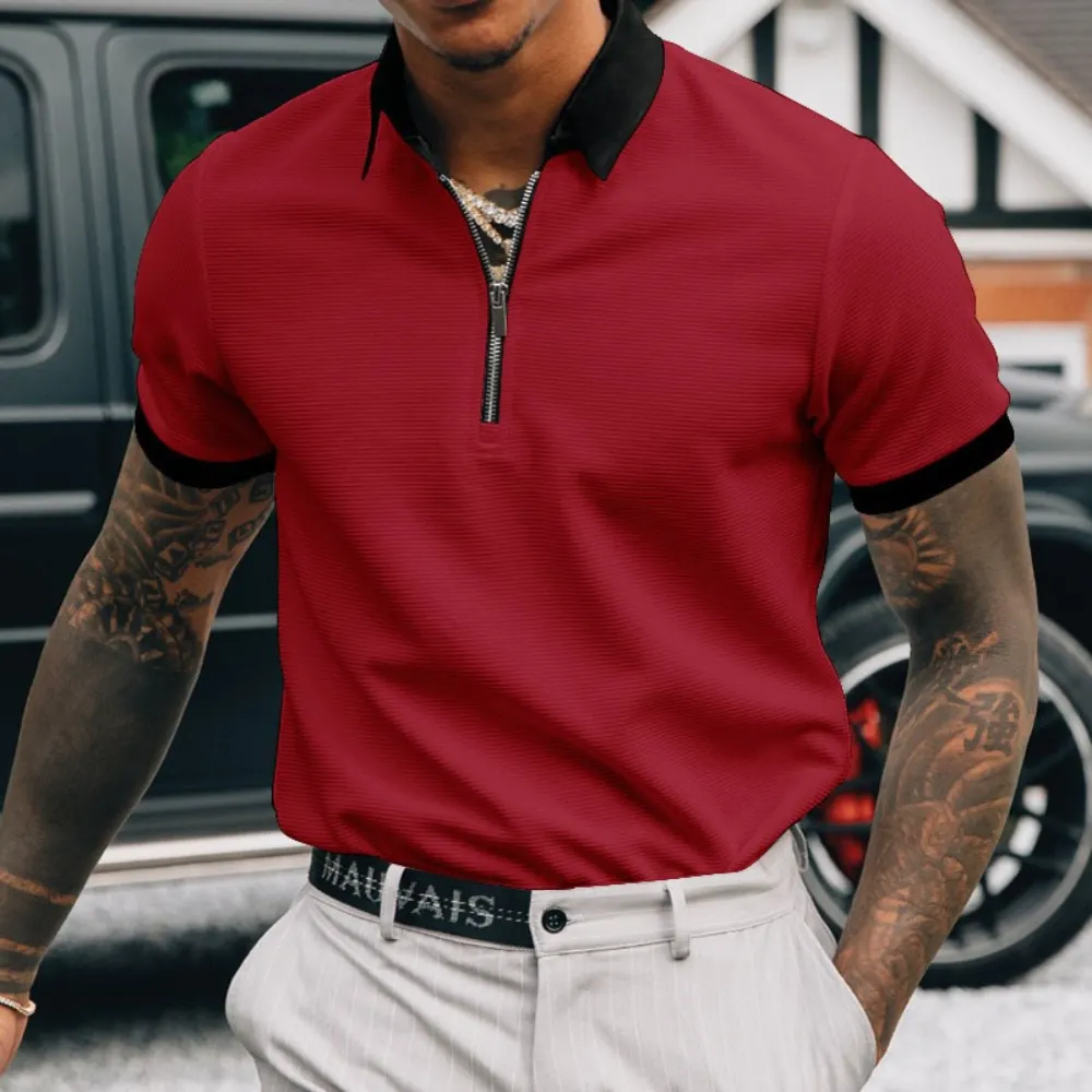 Men's Trendy Zipper Detail Loose Fit Polo Shirt