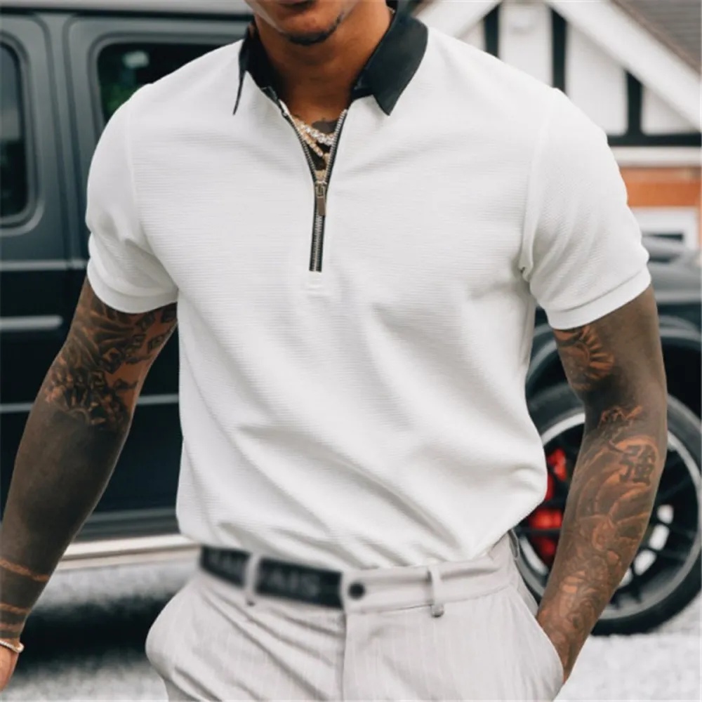 Men's Trendy Zipper Detail Loose Fit Polo Shirt