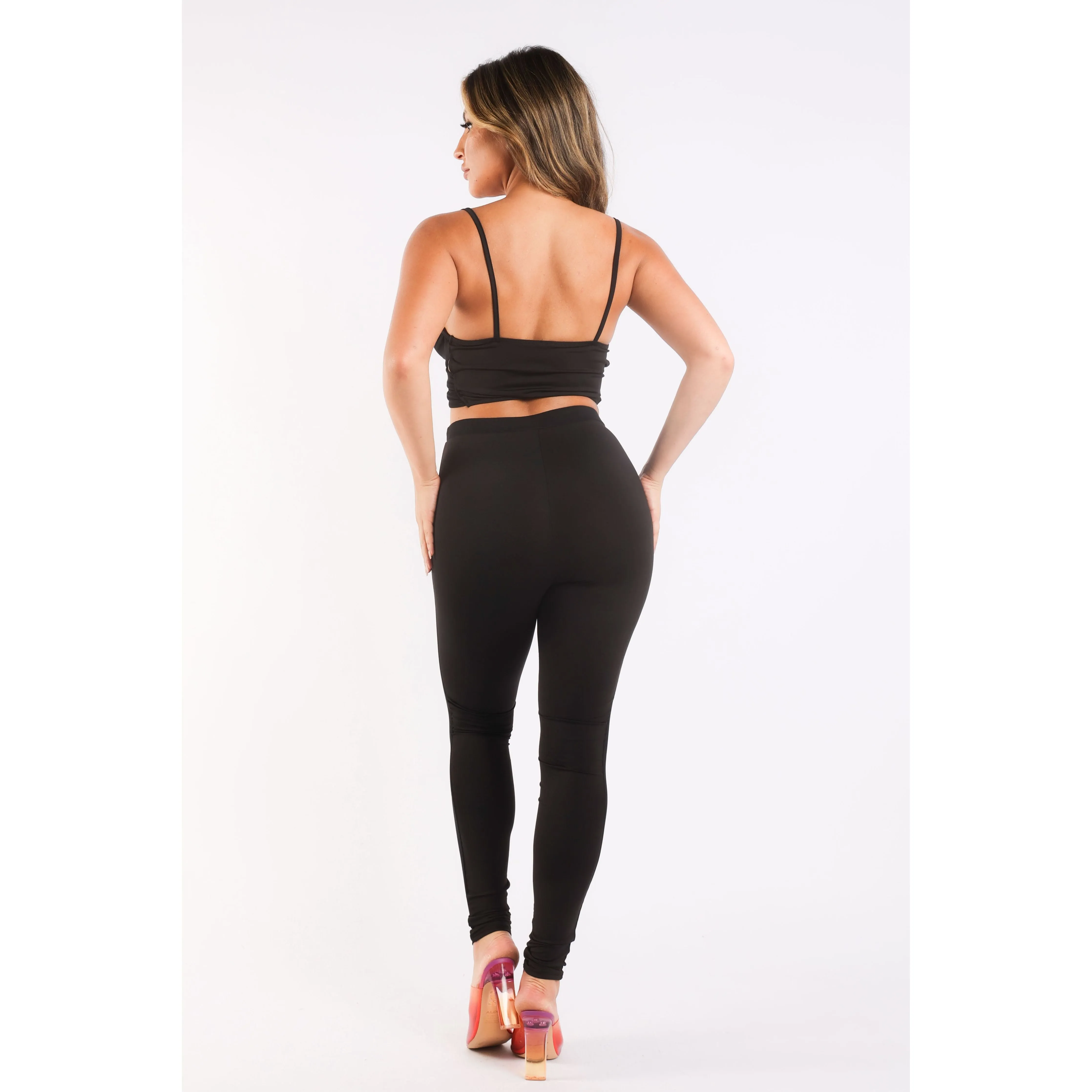 Mesh Contrast Sets Casual Sports Strappy Sleeve Top & Leggings