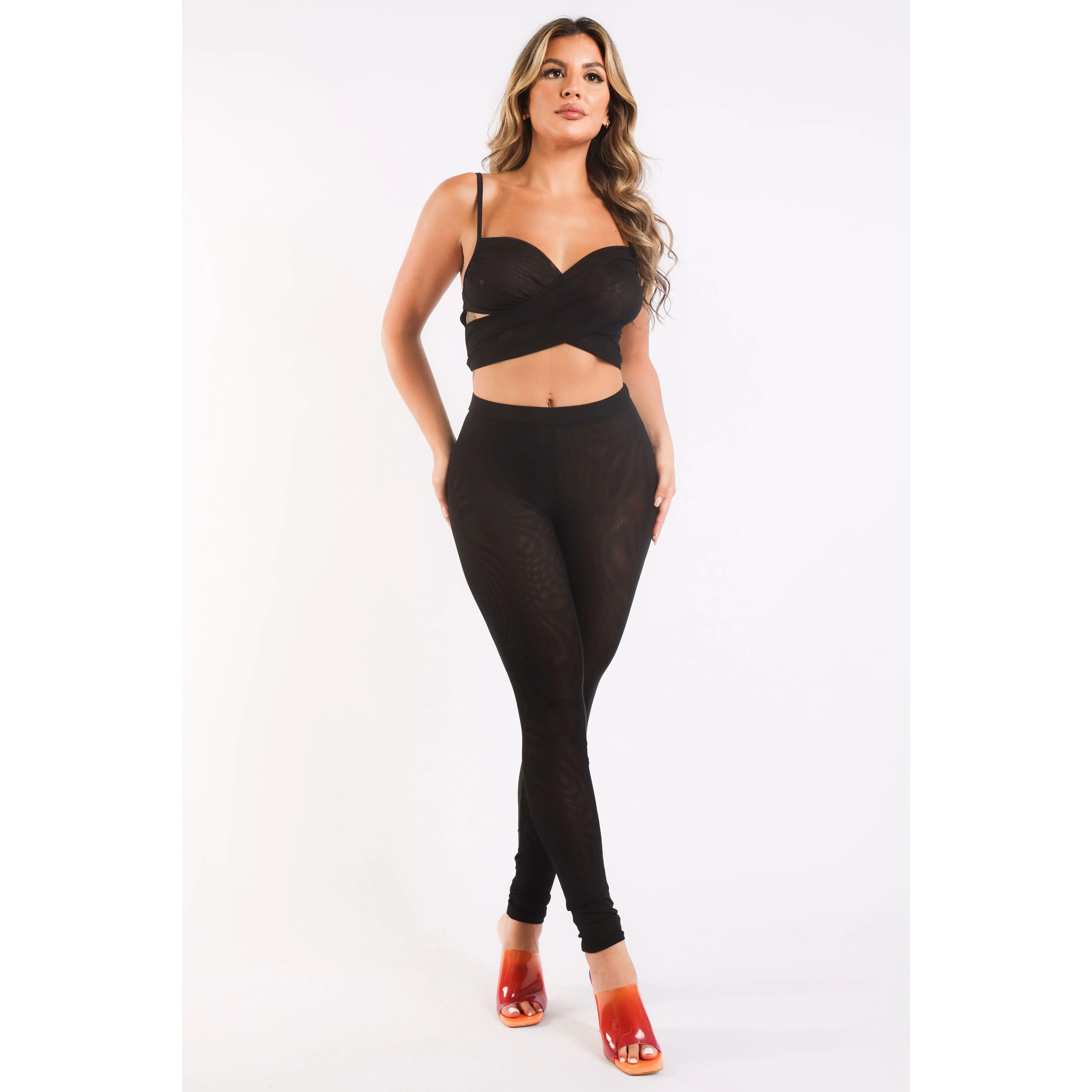 Mesh Contrast Sets Casual Sports Strappy Sleeve Top & Leggings