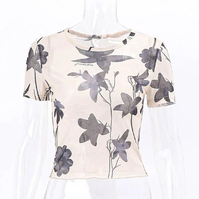 Mesh floral print short sleeve contrast crop top