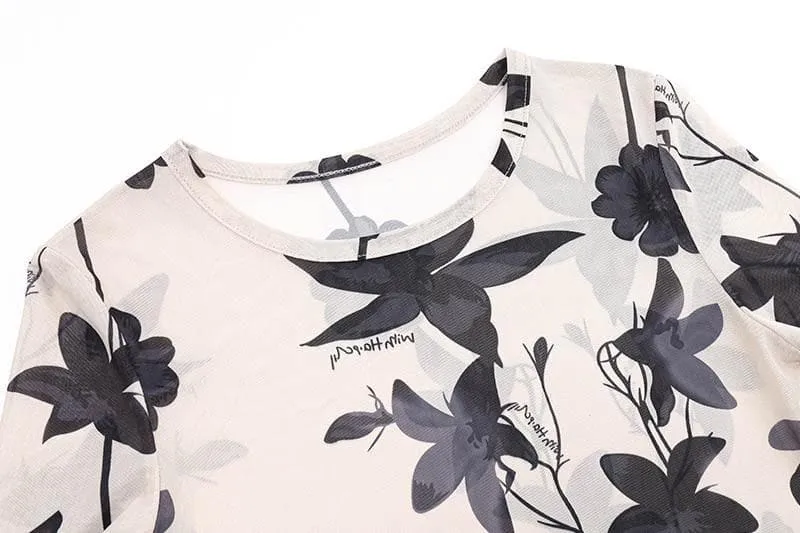 Mesh floral print short sleeve contrast crop top