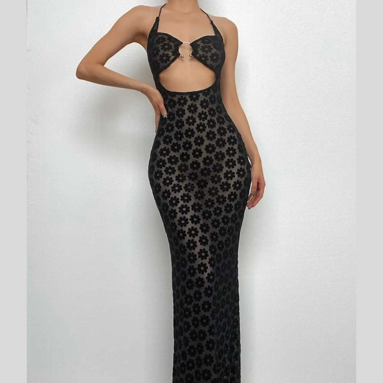 Mesh see through floral embroidery O ring hollow out halter maxi dress
