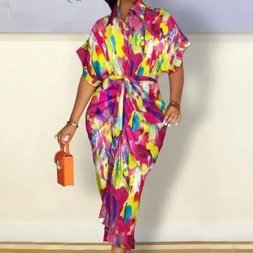 Michaela Elegant Vibrant Print Bodycon Midi Shirt Dress