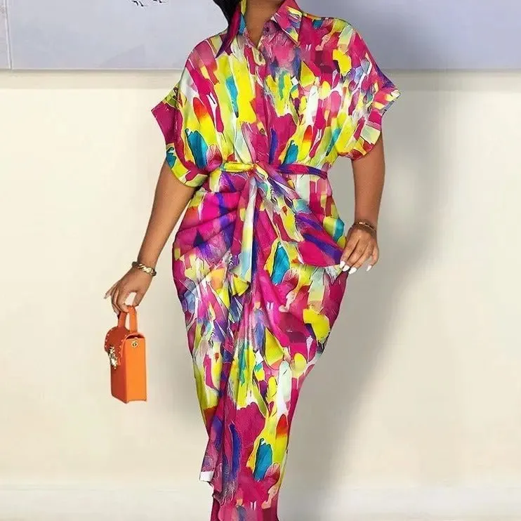 Michaela Elegant Vibrant Print Bodycon Midi Shirt Dress