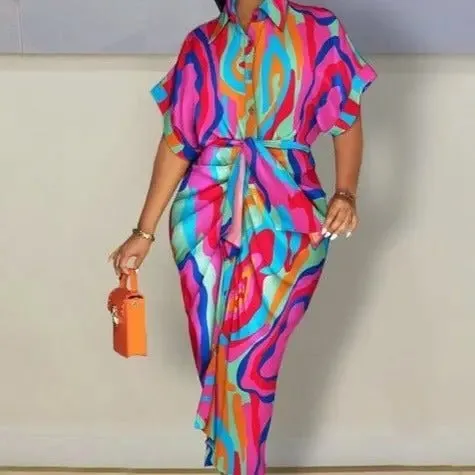 Michaela Elegant Vibrant Print Bodycon Midi Shirt Dress
