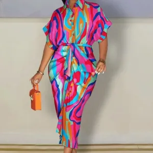 Michaela Elegant Vibrant Print Bodycon Midi Shirt Dress
