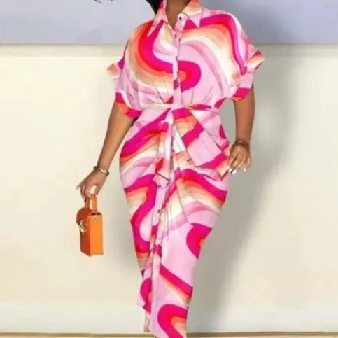 Michaela Elegant Vibrant Print Bodycon Midi Shirt Dress