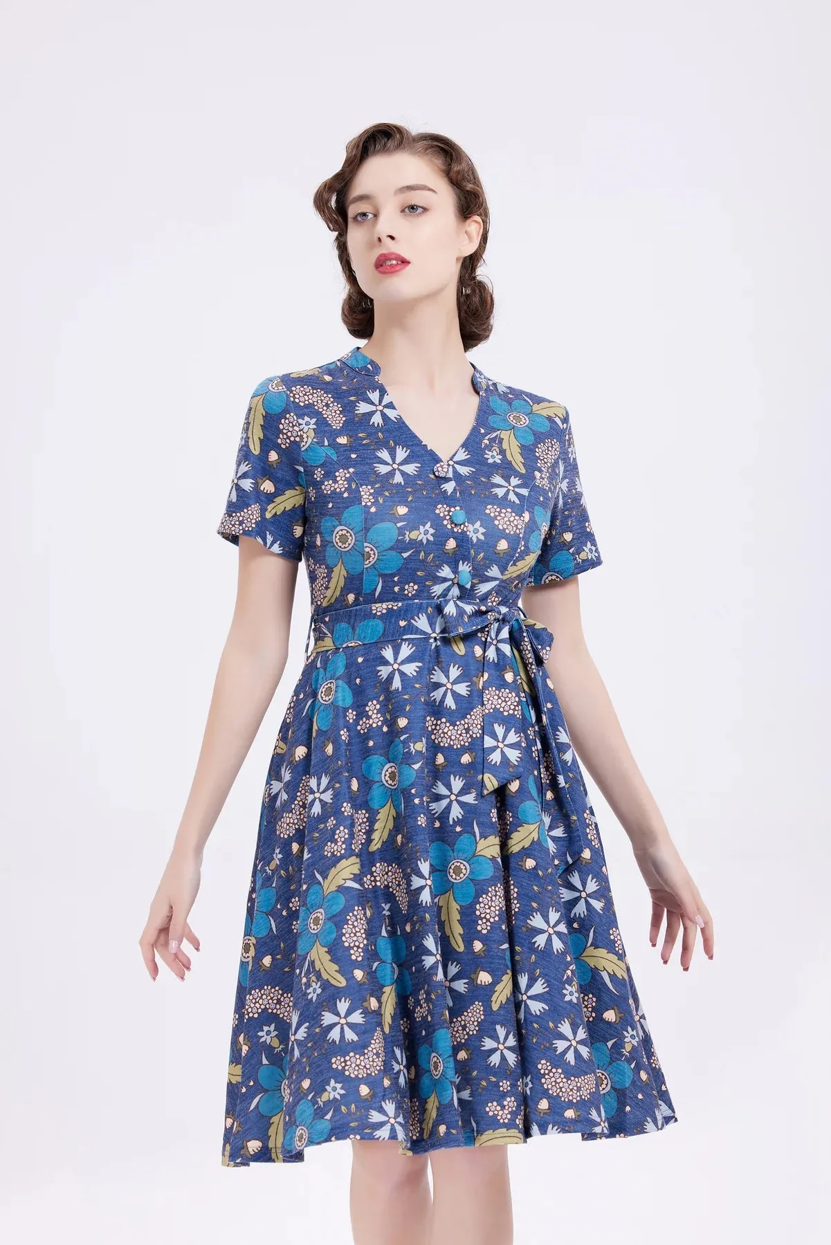 Miss Lulo Flowers Zoey Knit Swing Dress Cobalt Blue