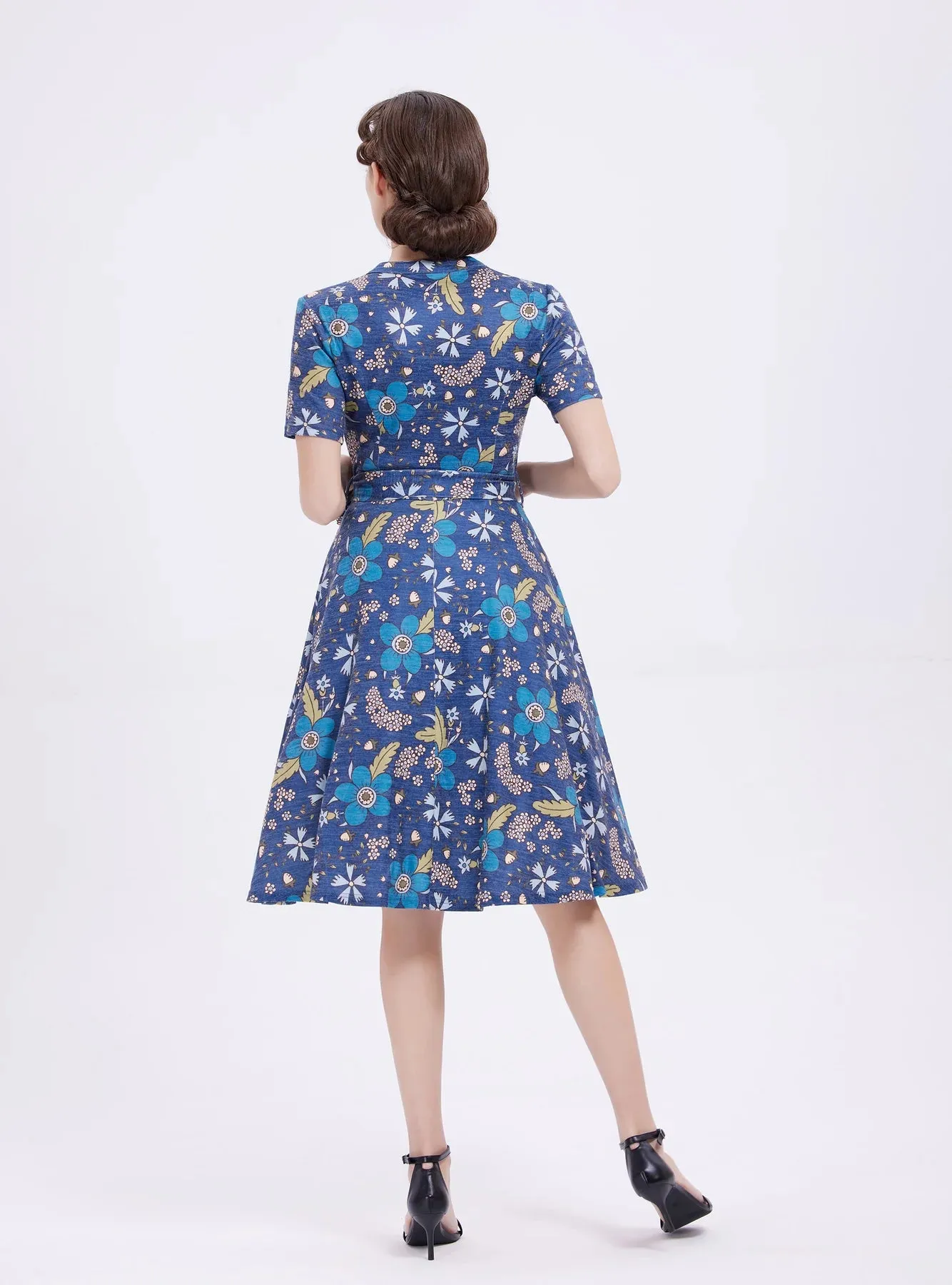 Miss Lulo Flowers Zoey Knit Swing Dress Cobalt Blue