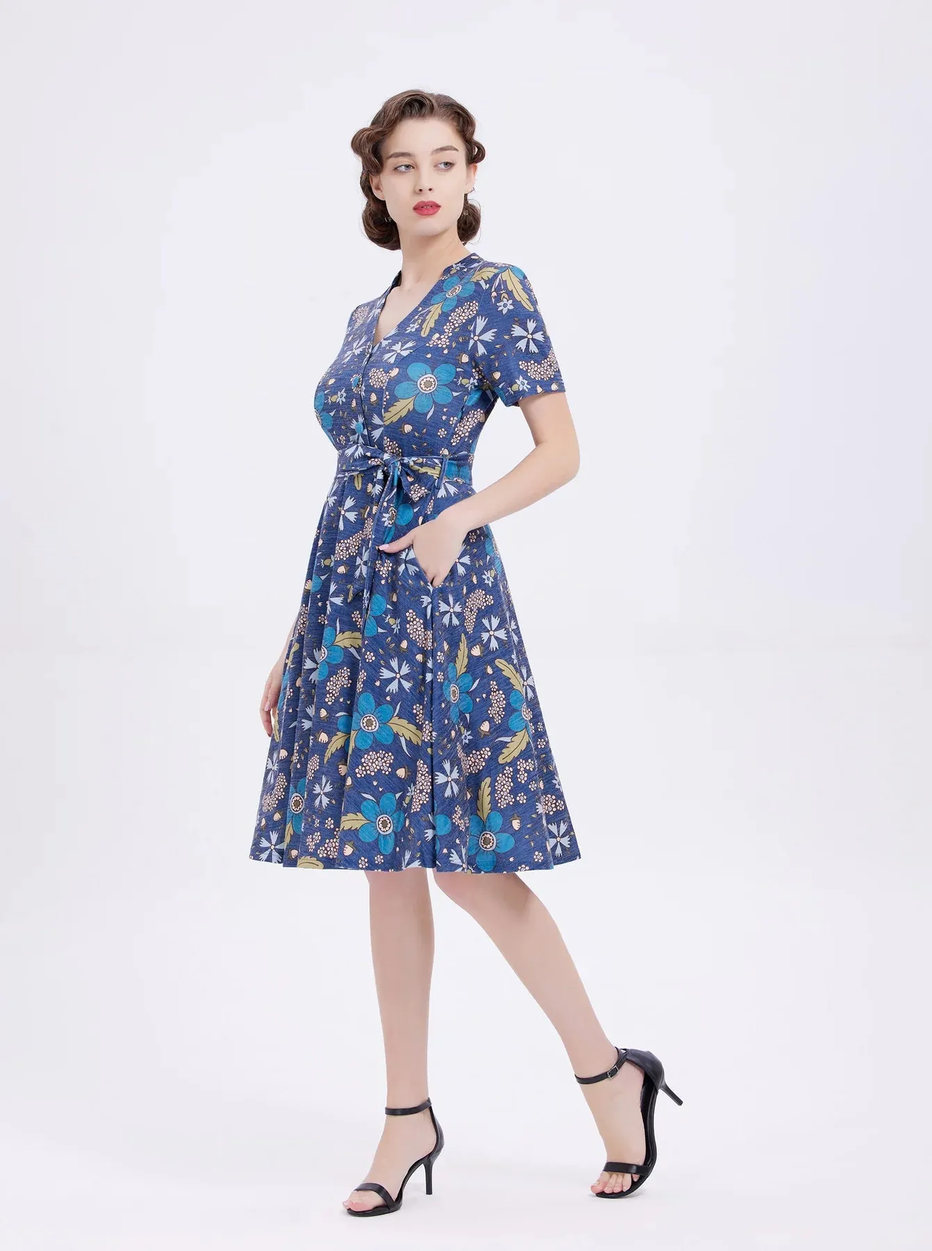 Miss Lulo Flowers Zoey Knit Swing Dress Cobalt Blue