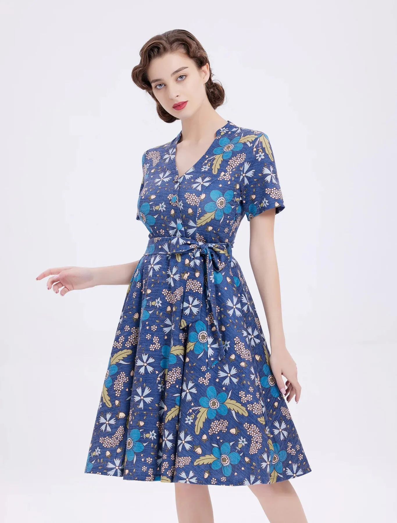 Miss Lulo Flowers Zoey Knit Swing Dress Cobalt Blue