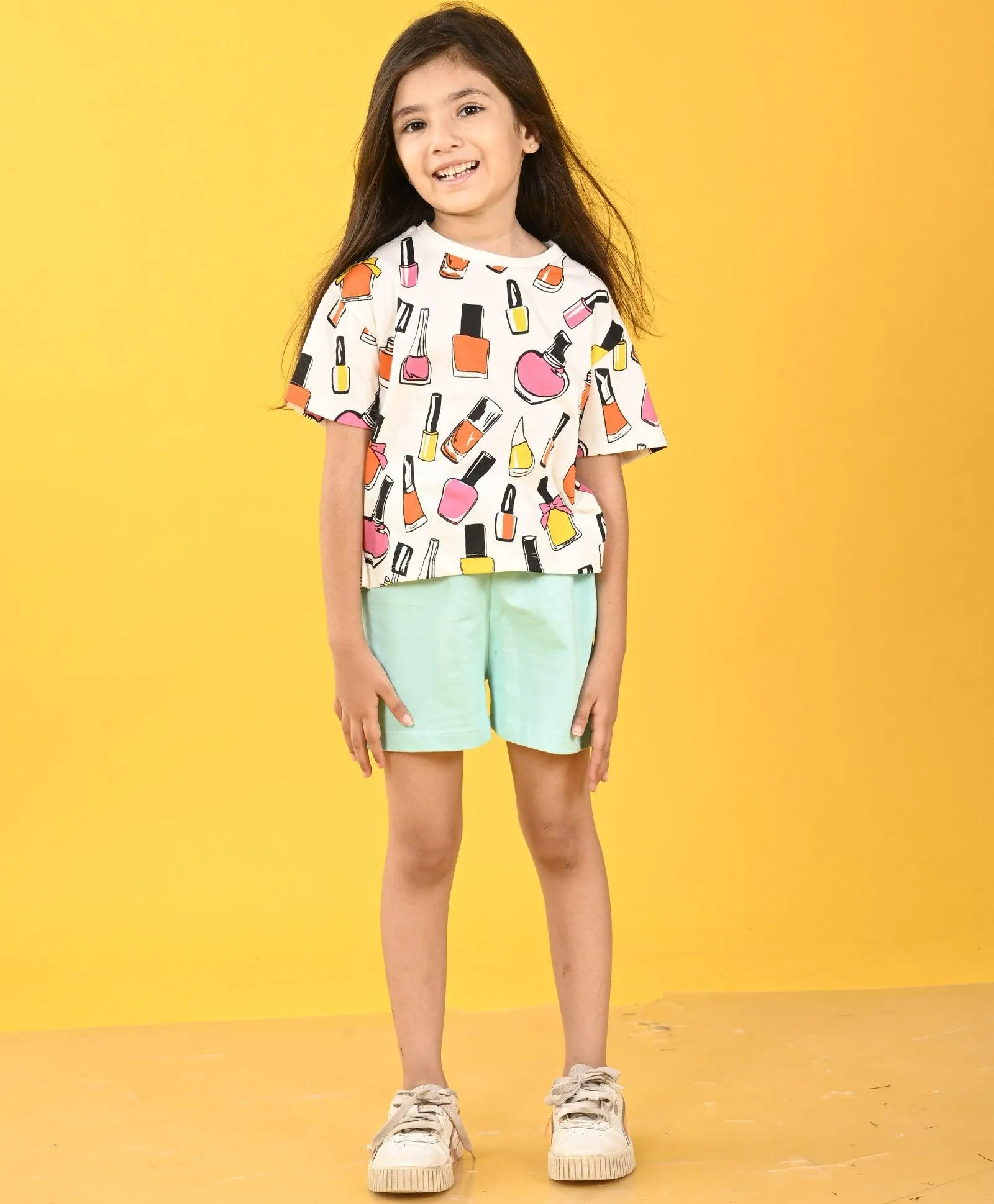 NAIL PAINT AQUA GIRLS SHORTS SET - PINK/AQUA