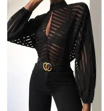 New design women's stand collar lantern style long sleeve perspective gauze stripe print loose blouse shirt plus size S M L XL