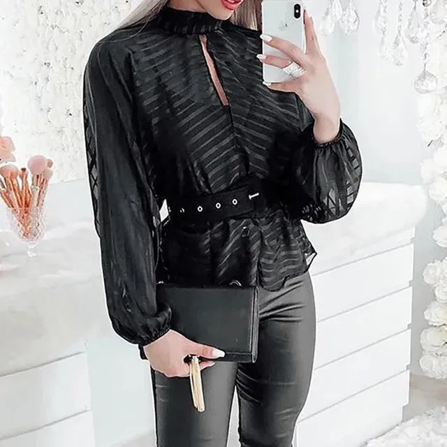 New design women's stand collar lantern style long sleeve perspective gauze stripe print loose blouse shirt plus size S M L XL