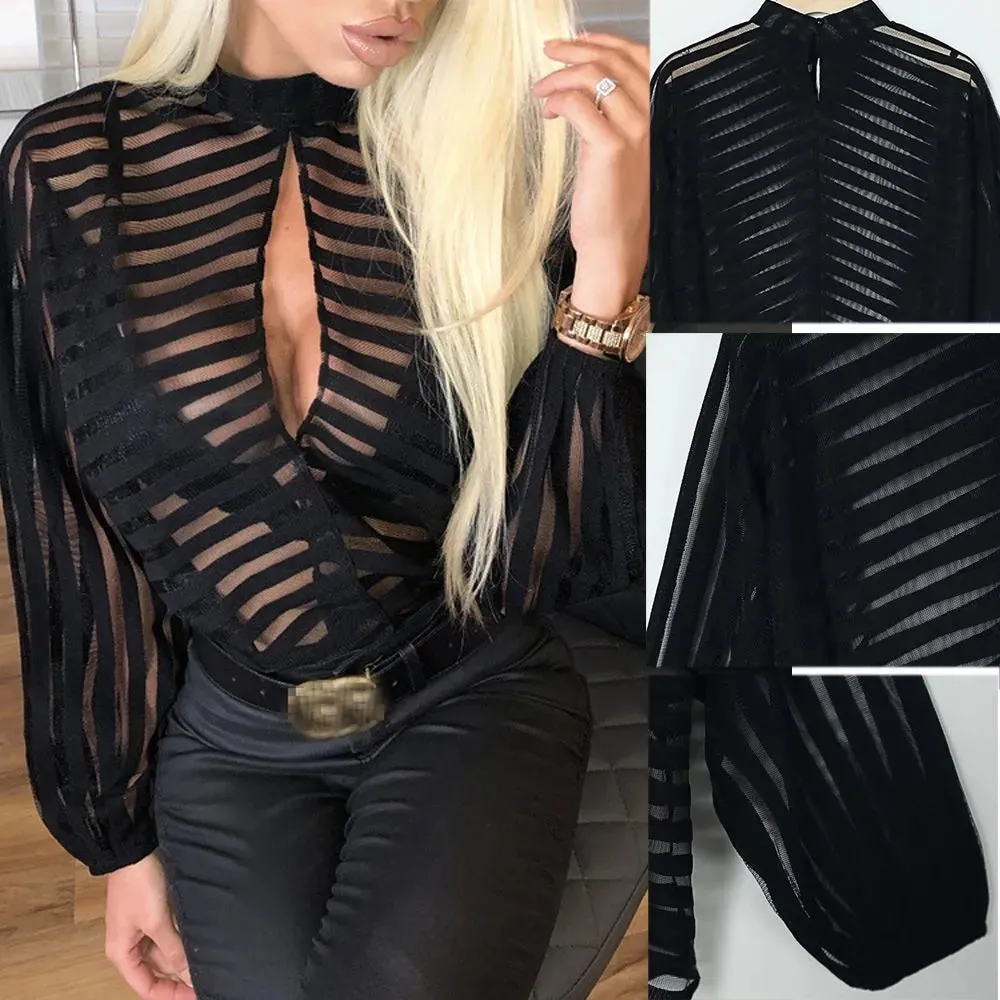 New design women's stand collar lantern style long sleeve perspective gauze stripe print loose blouse shirt plus size S M L XL