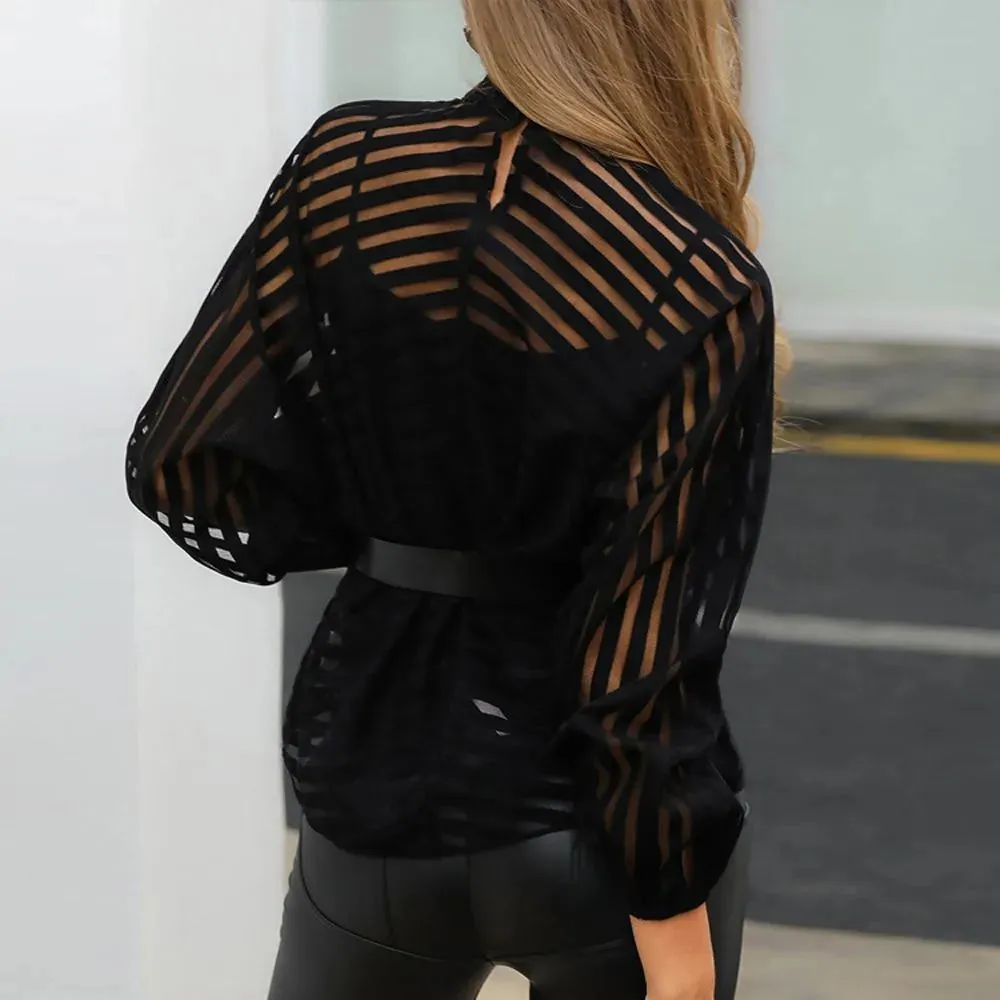 New design women's stand collar lantern style long sleeve perspective gauze stripe print loose blouse shirt plus size S M L XL