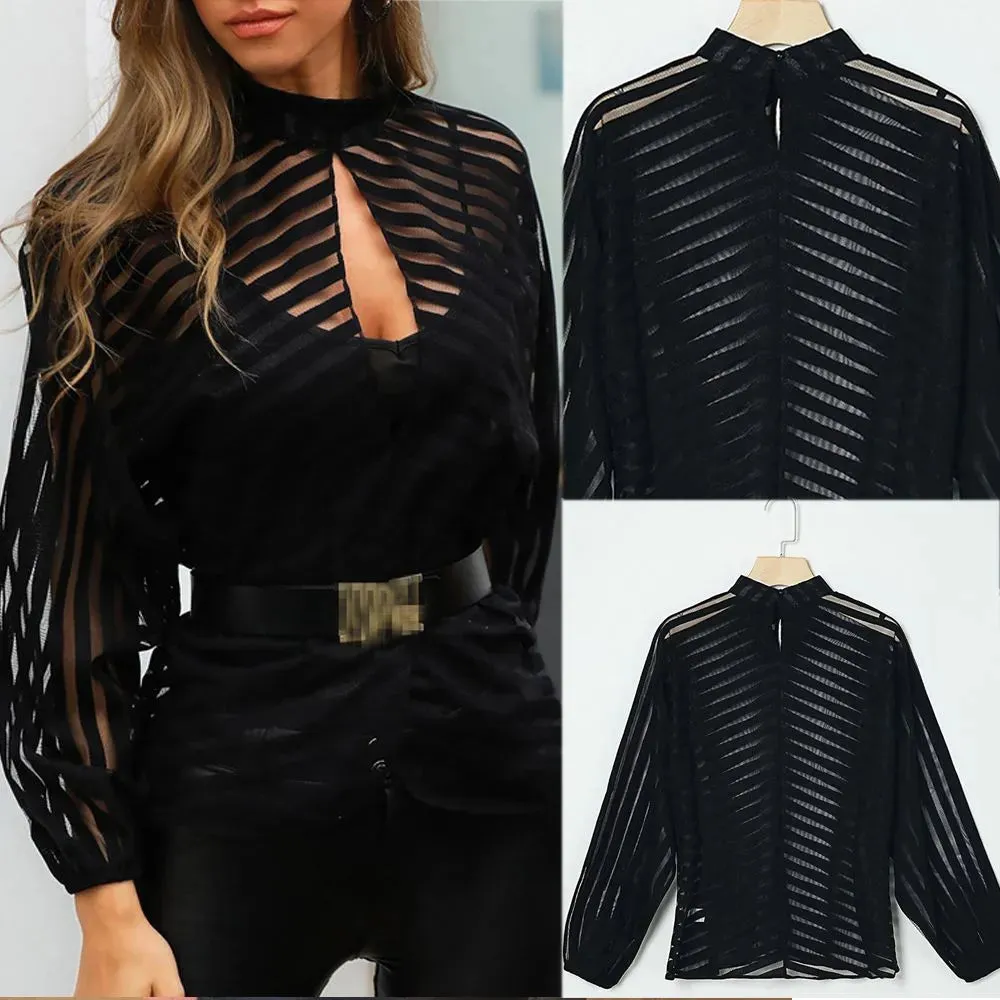 New design women's stand collar lantern style long sleeve perspective gauze stripe print loose blouse shirt plus size S M L XL