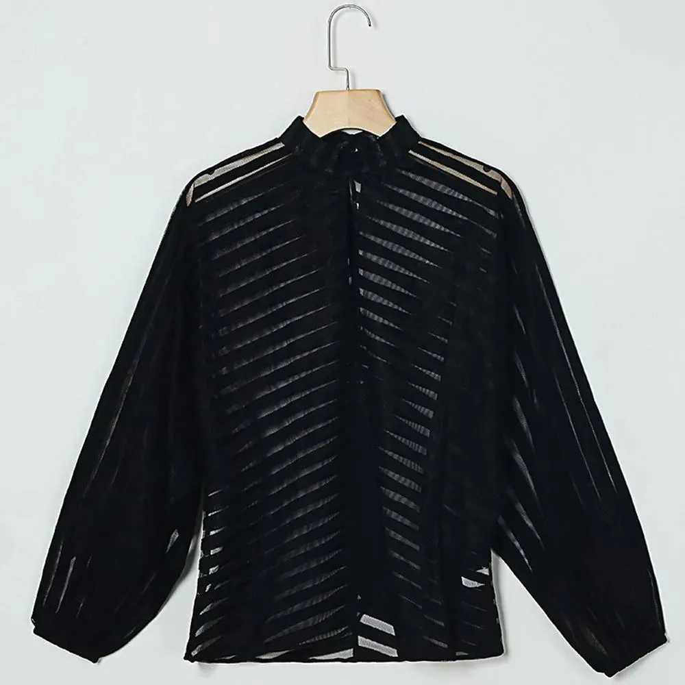 New design women's stand collar lantern style long sleeve perspective gauze stripe print loose blouse shirt plus size S M L XL