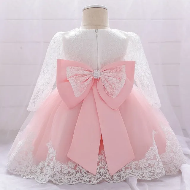 Newborn Long Sleeve Baby Girl Dresses Party Wedding Girl Lace Big Bow Dresses Infant Girl 1st Birthday Princess Baptism Dress