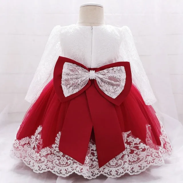 Newborn Long Sleeve Baby Girl Dresses Party Wedding Girl Lace Big Bow Dresses Infant Girl 1st Birthday Princess Baptism Dress