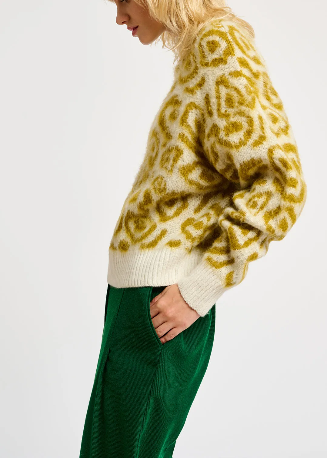 Ochre and off-white leopard-print knit sweater