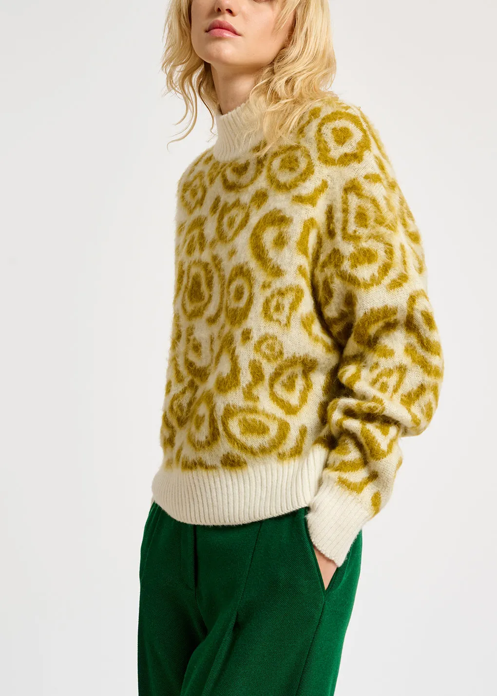 Ochre and off-white leopard-print knit sweater