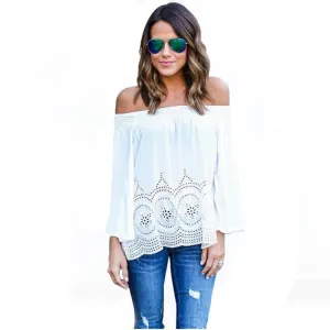Off Shoulder Blouse Women Fashion Long Sleeve Loose Cotton Shirts Womens Casual Beach Blouses White