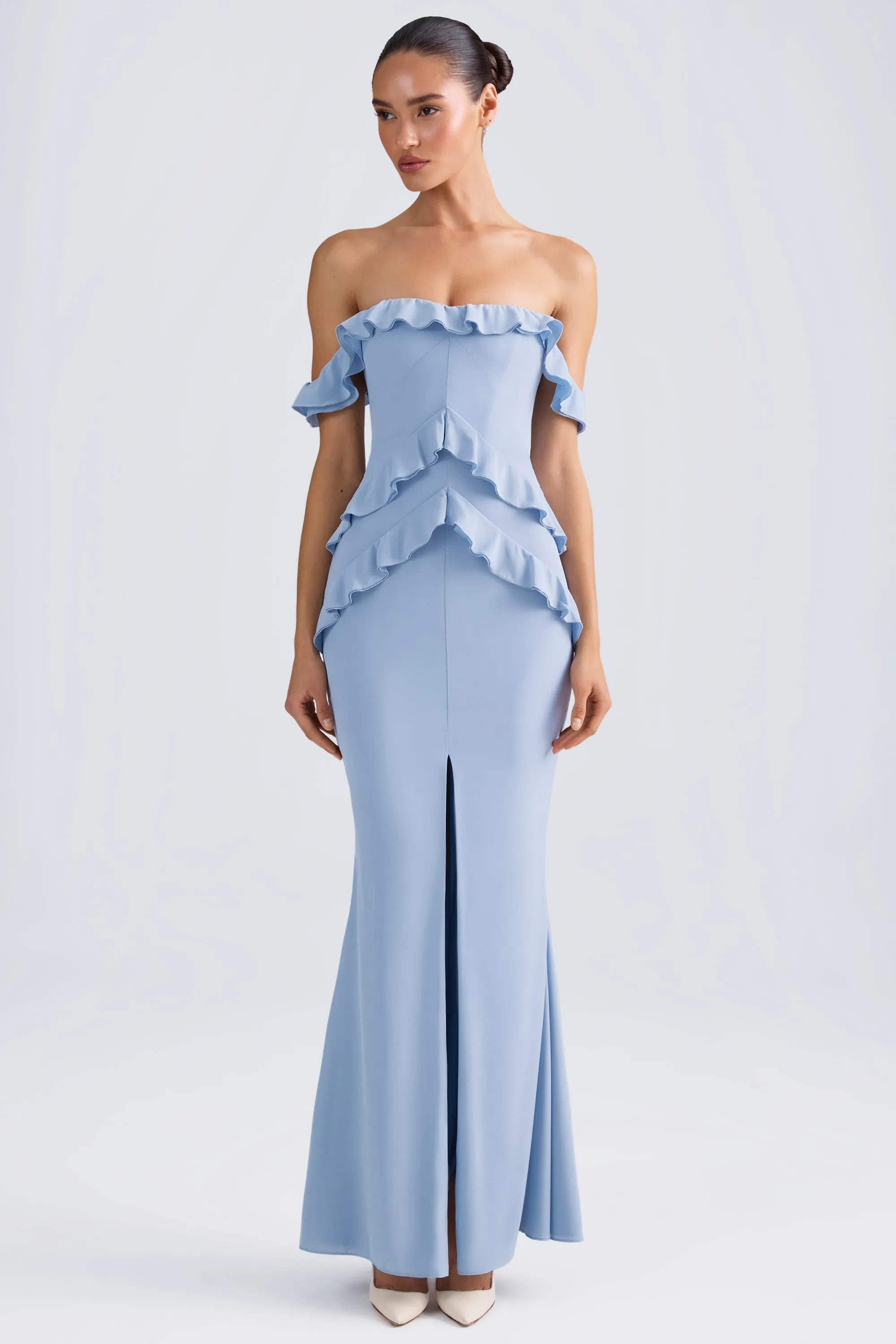 Off-Shoulder Ruffle-Trim Gown in Light Blue