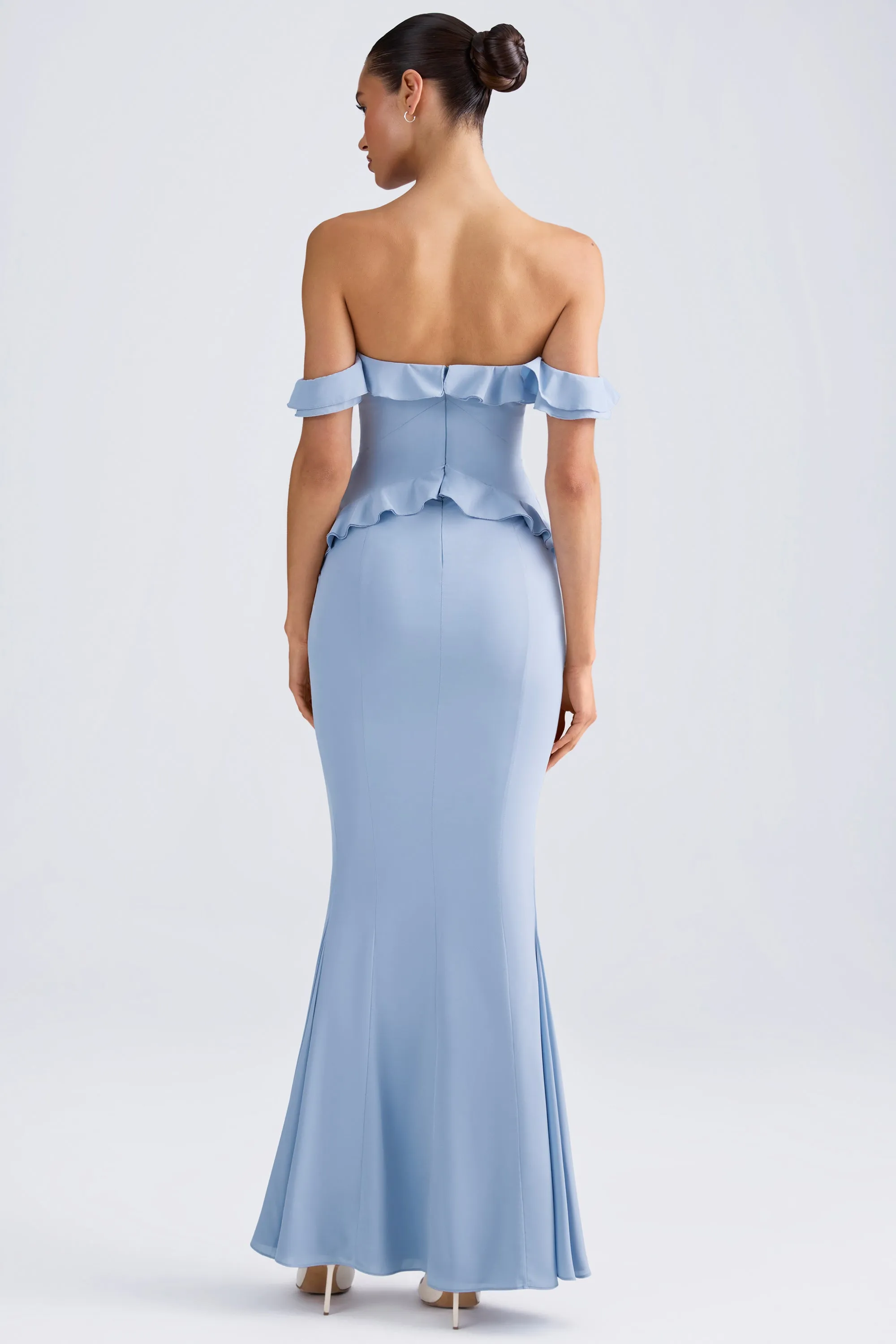 Off-Shoulder Ruffle-Trim Gown in Light Blue