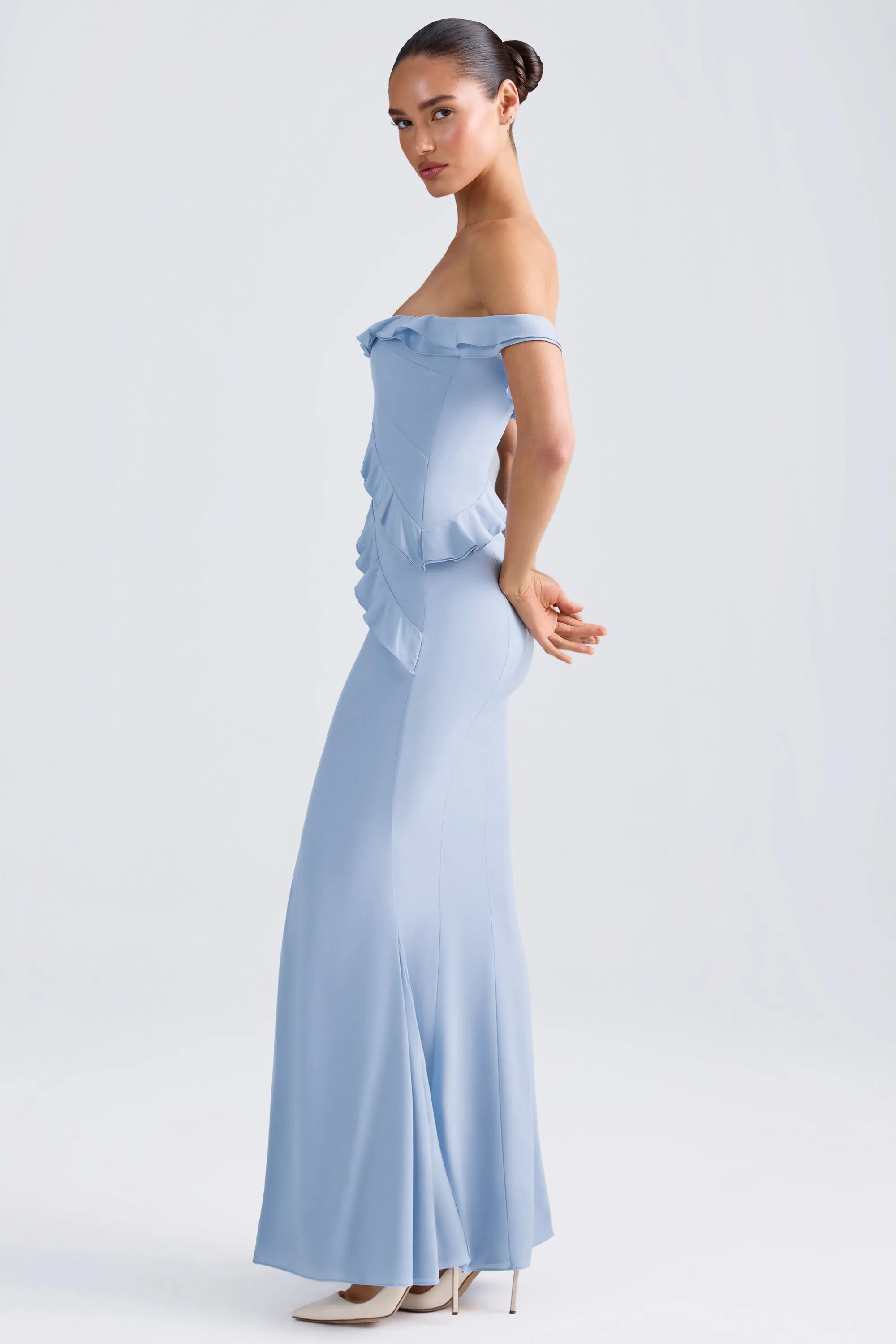 Off-Shoulder Ruffle-Trim Gown in Light Blue