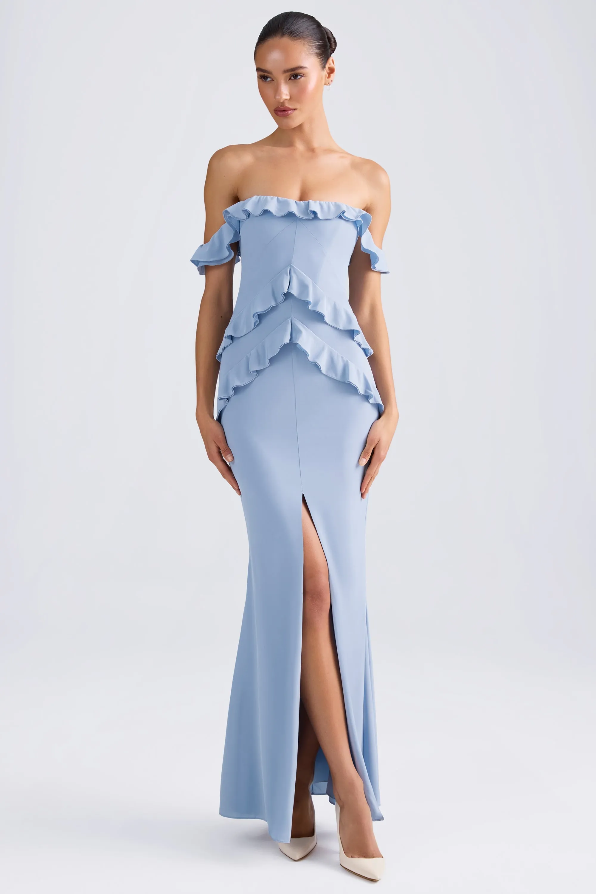 Off-Shoulder Ruffle-Trim Gown in Light Blue