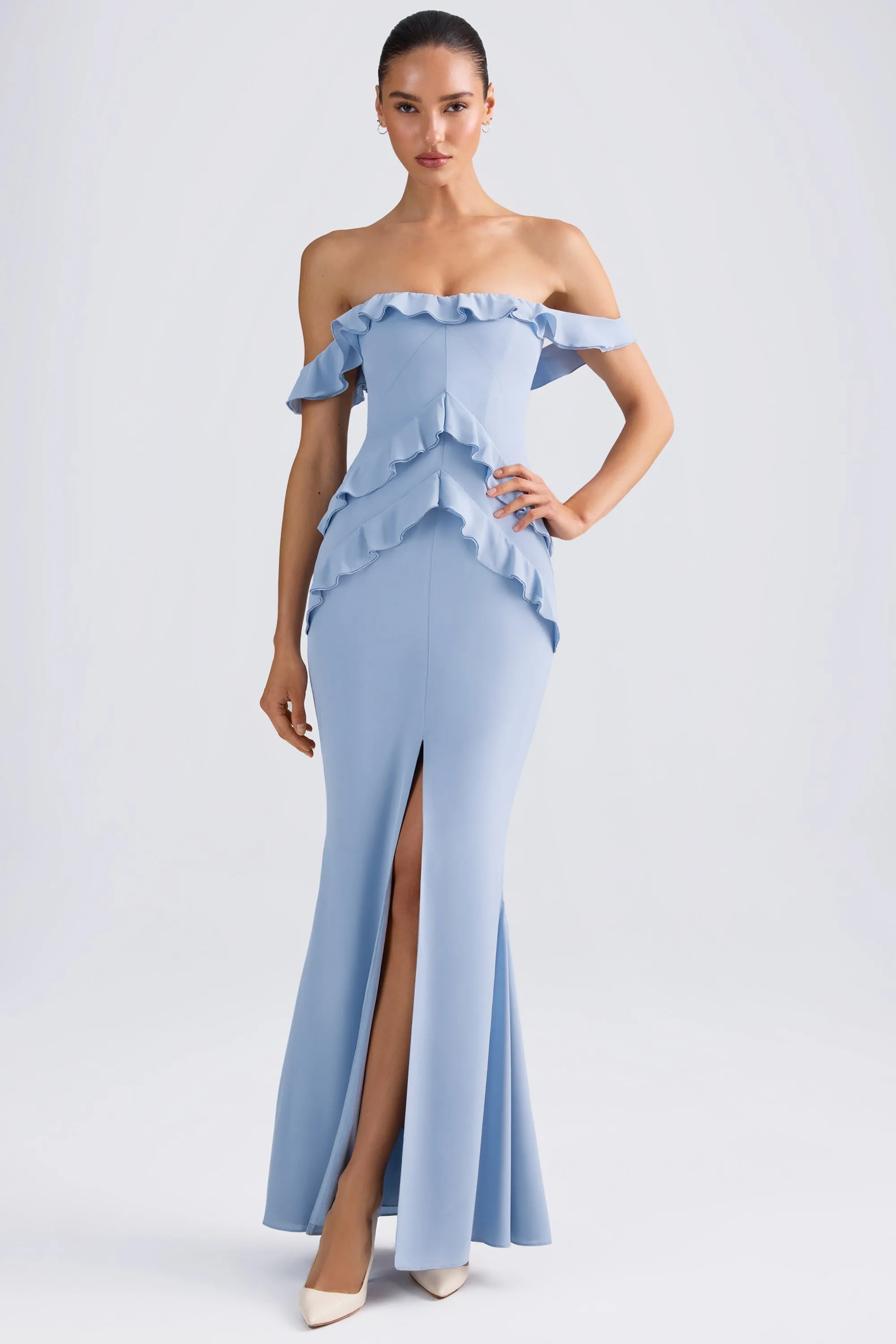 Off-Shoulder Ruffle-Trim Gown in Light Blue