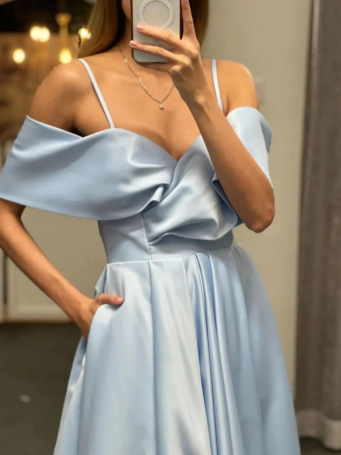 Off the Shoulder Light Blue Satin Prom Dresses, Off the Shoulder Light Blue Formal Evening Dresses