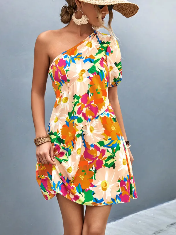 One Shoulder Floral Print Mini Dress with Ruffles