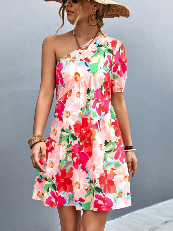 One Shoulder Floral Print Mini Dress with Ruffles