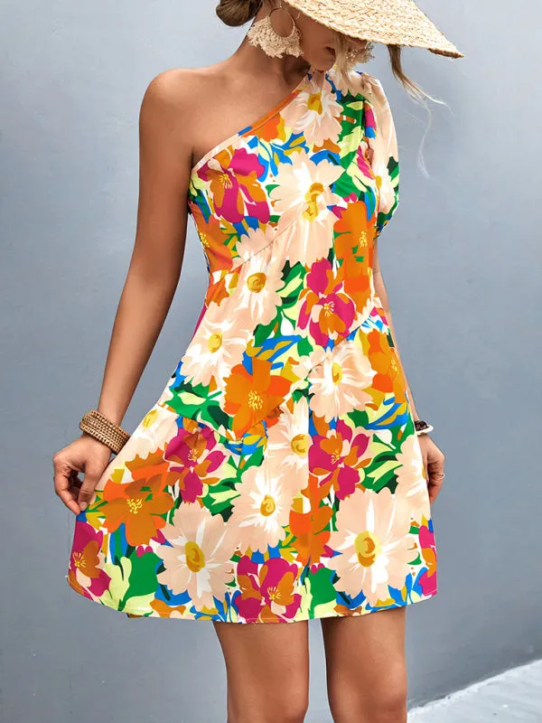 One Shoulder Floral Print Mini Dress with Ruffles