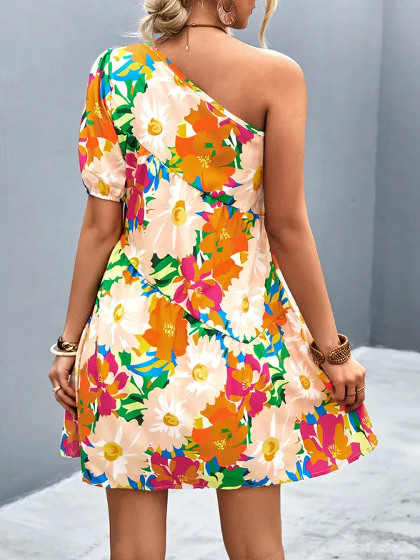 One Shoulder Floral Print Mini Dress with Ruffles