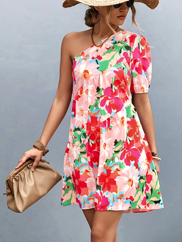 One Shoulder Floral Print Mini Dress with Ruffles