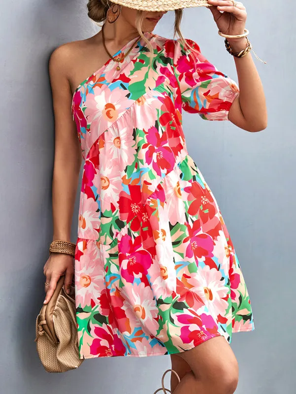 One Shoulder Floral Print Mini Dress with Ruffles