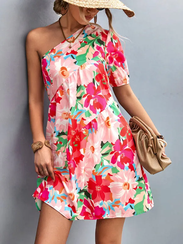 One Shoulder Floral Print Mini Dress with Ruffles