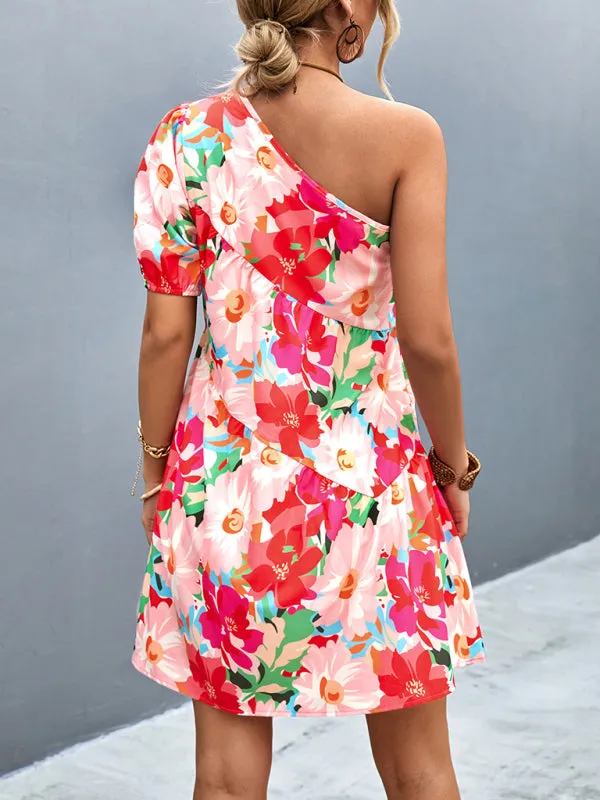 One Shoulder Floral Print Mini Dress with Ruffles