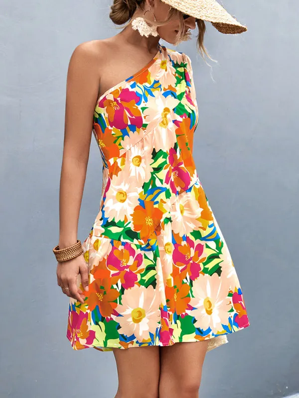 One Shoulder Floral Print Mini Dress with Ruffles