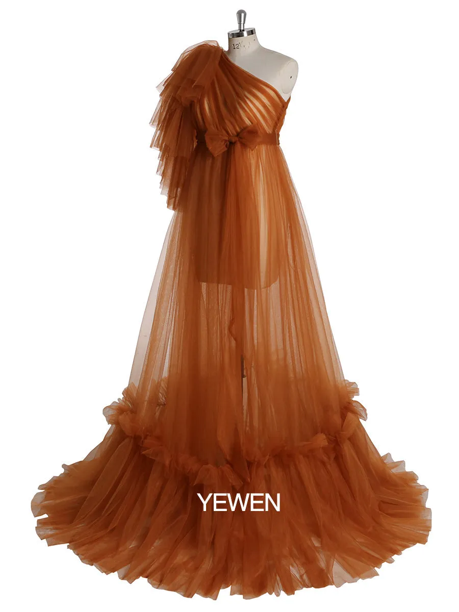 One Shoulder Sleeves Stretchy Waist Maternity Dress for Photoshoot Baby Shower Dresses