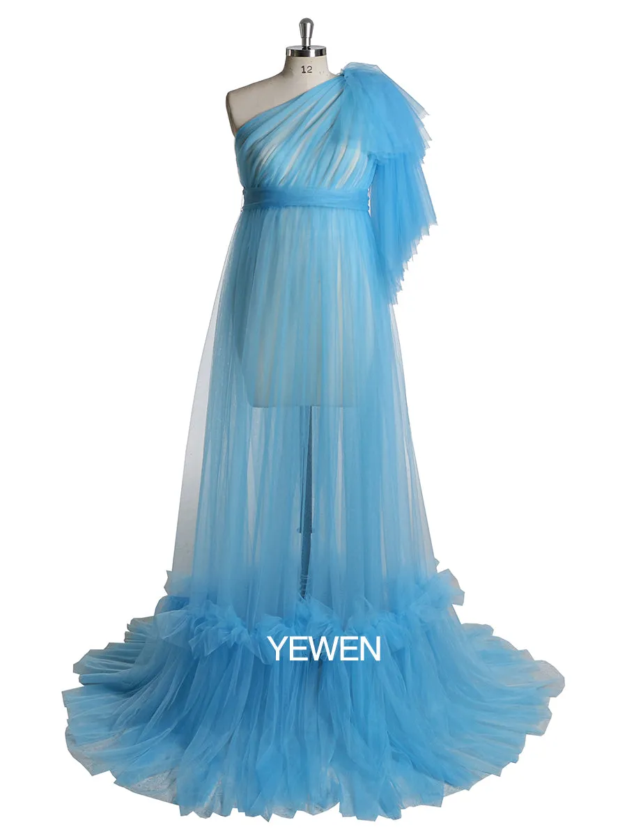 One Shoulder Sleeves Stretchy Waist Maternity Dress for Photoshoot Baby Shower Dresses
