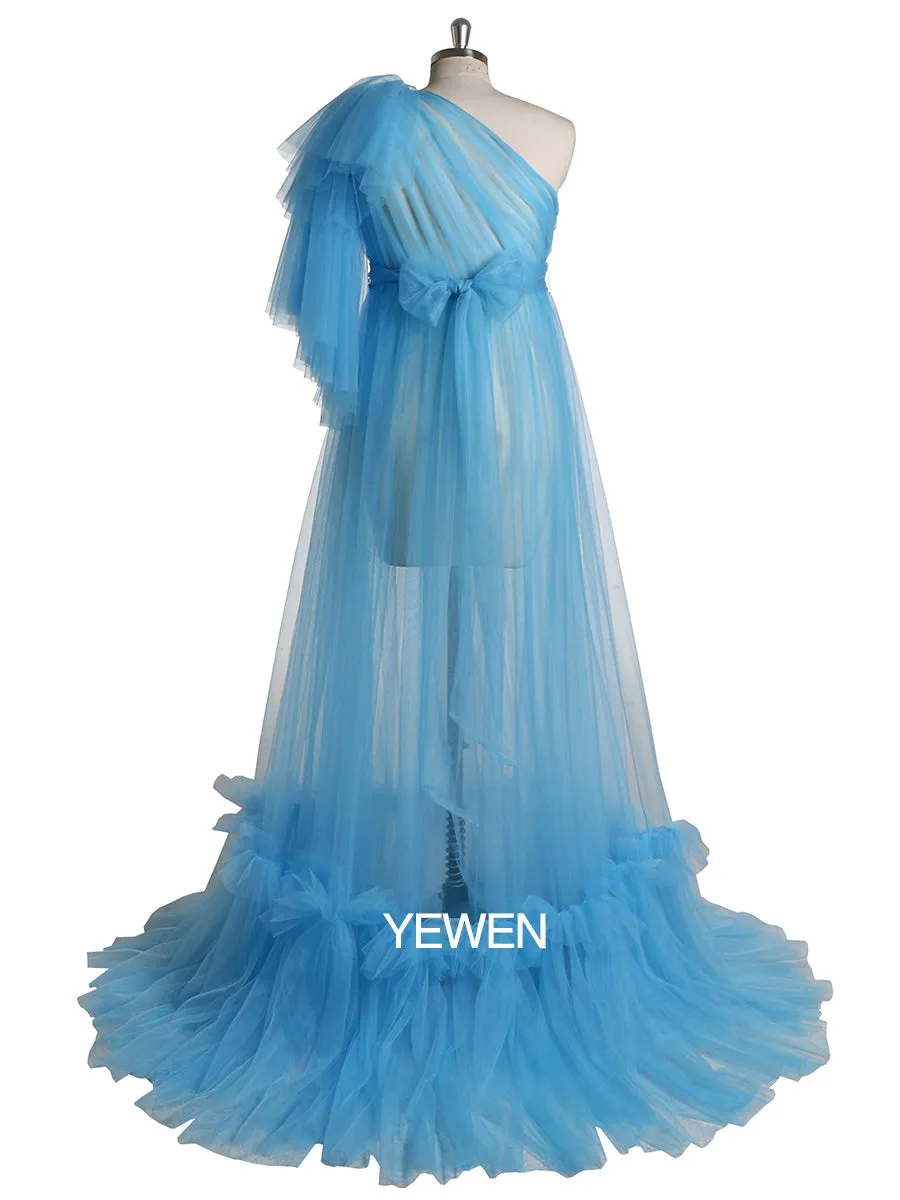 One Shoulder Sleeves Stretchy Waist Maternity Dress for Photoshoot Baby Shower Dresses