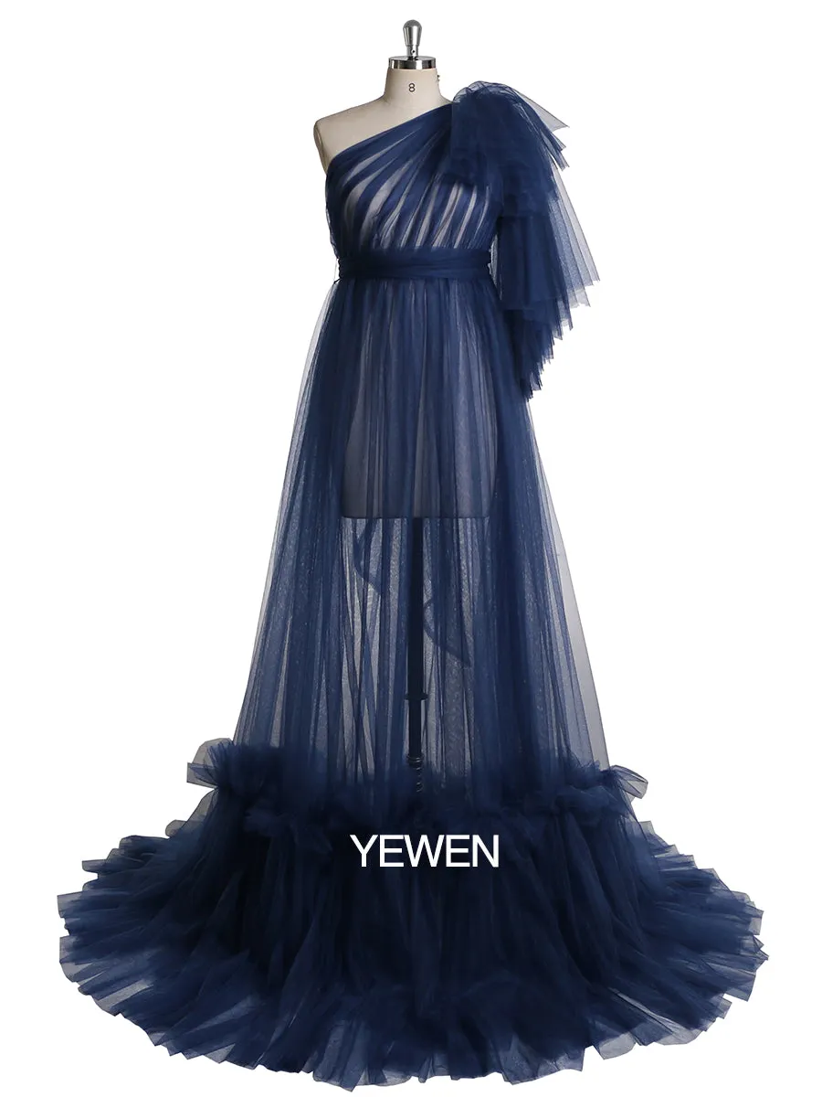 One Shoulder Sleeves Stretchy Waist Maternity Dress for Photoshoot Baby Shower Dresses