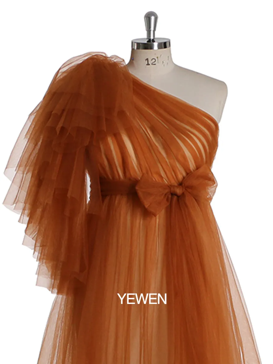 One Shoulder Sleeves Stretchy Waist Maternity Dress for Photoshoot Baby Shower Dresses