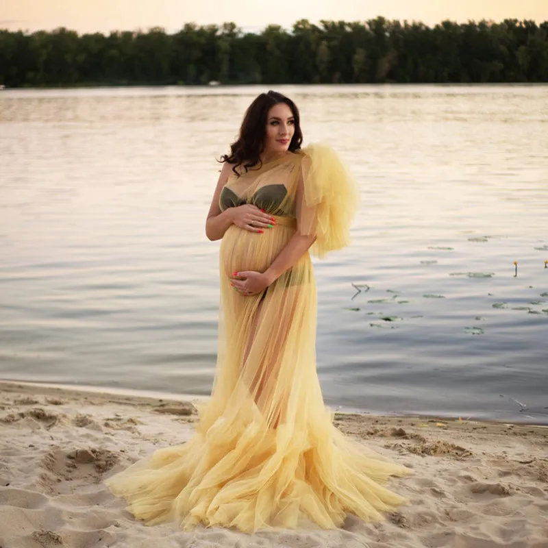 One Shoulder Sleeves Stretchy Waist Maternity Dress for Photoshoot Baby Shower Dresses